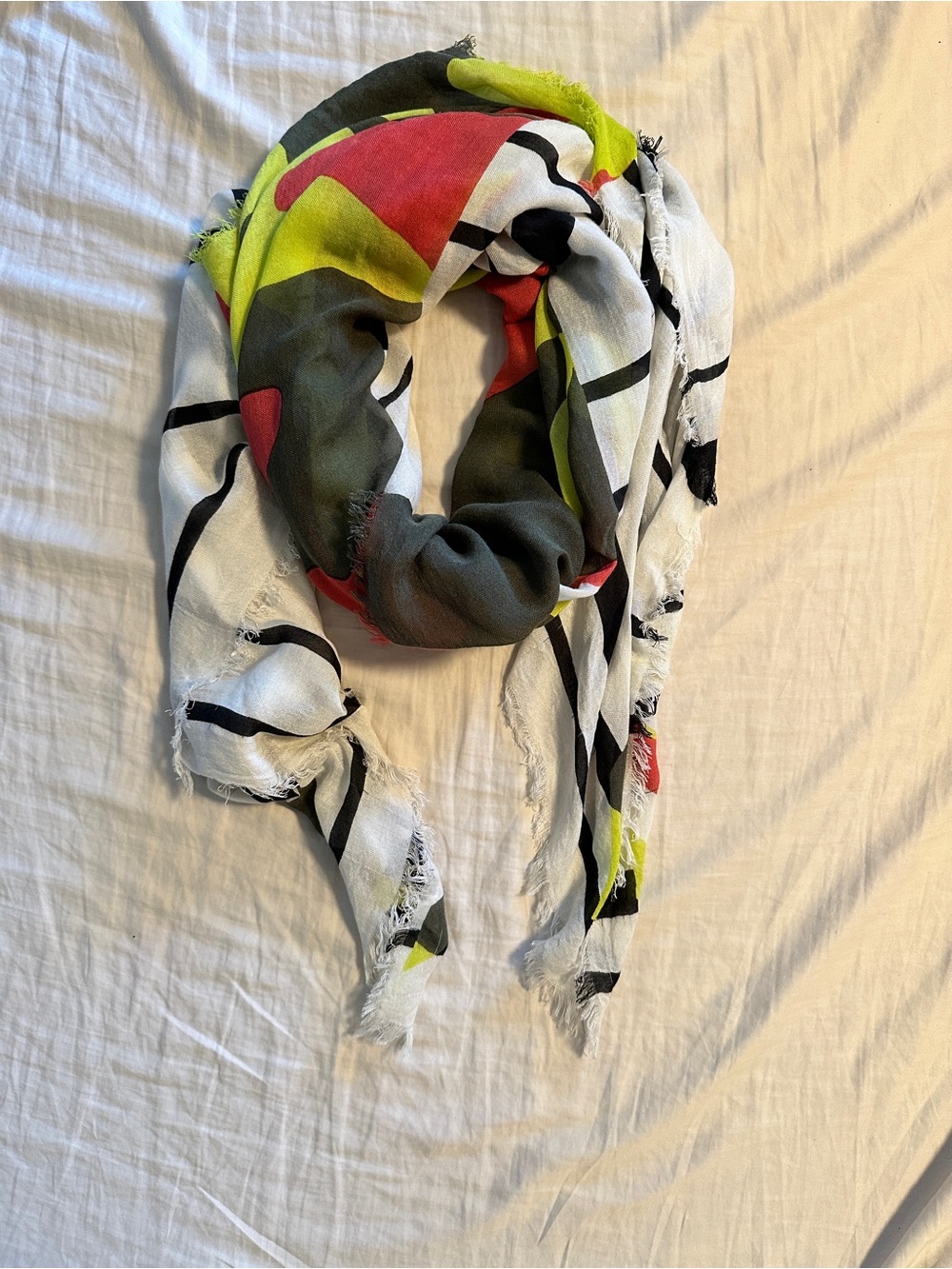 Kit and Ace White, Black, Lime & Olive Patterned Scarf